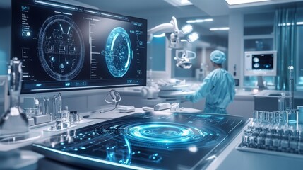 Aufkleber - A highly advanced surgical room features sleek digital displays showing patient data and medical imaging. A surgeon in a blue gown is focused on a procedure, emphasizing the high-tech environment.