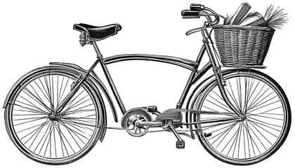 Wall Mural - Charming vintage bicycle adorned with a wicker basket filled with fresh groceries, illustrated in a delightful sketch style