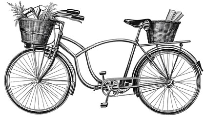 Wall Mural - Charming vintage bicycle adorned with a wicker basket filled with fresh groceries, illustrated in a delightful sketch style