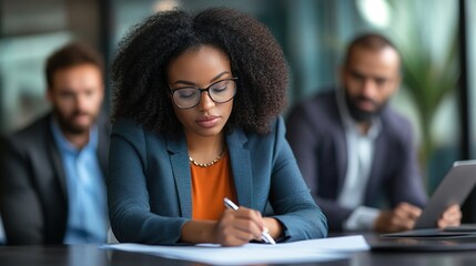 Poster - Professional Woman Writing in Modern Office Setting