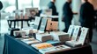 © Ubix - A display of notebooks, brochures, and printing materials set on a table at a professional event, with attendees in the background.