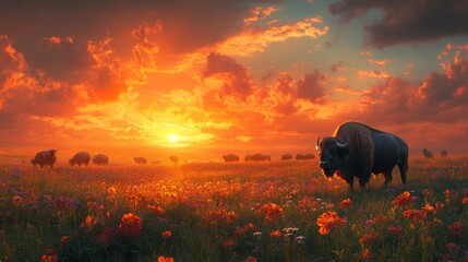 Wall Mural - Bison Under a Fiery Sunset