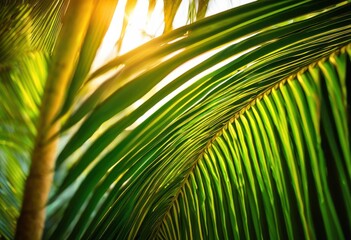 close vibrant palm leaf bathed soft sunlight showcasing intricate textures lush green colors, closeup, nature, tropical, foliage, growth, botanical, flora