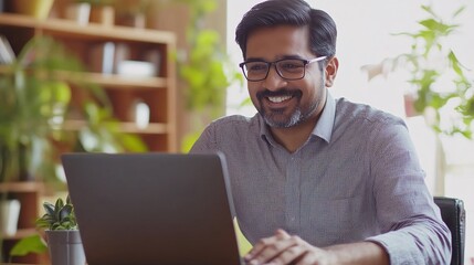 Poster - Smiling Man Working on Laptop in Bright Office Space