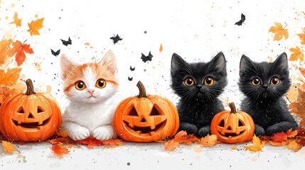 Sweet pattern featuring adorable cats showing different emotions, сarved halloween pumpkin and candles.