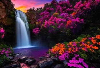 stunning vibrant sunset over tranquil lost waterfall lush green surroundings colorful sky, colors, landscape, beauty, scenery, dusk, horizon, reflections