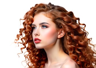 Portrait of a beautiful girl with curly red hair against the background of sunset, redhair woman, Natural portrait of freckled ginger woman outdoor, Close-up of a young woman with fiery red hair