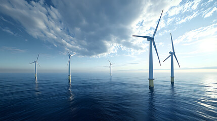 Canvas Print - Row of offshore wind turbines standing in the calm ocean under a partly cloudy sky, producing renewable energy efficiently.