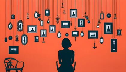 Wall Mural - Silhouette of a contemplative figure surrounded by hanging ornaments and framed artwork against a vibrant orange backdrop