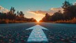 © Johannes - Low angle photography of a white arrow on the asphalt road during the sunset. Straight ahead way concept, path to success direction, business career future guidance, journey to the destination
