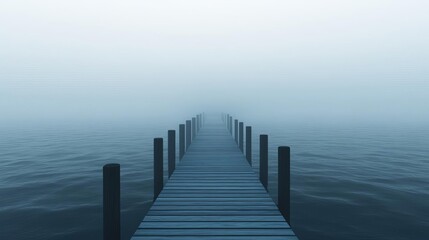  Dense fog enveloping a silent pier, gentle waves, 3D illustration