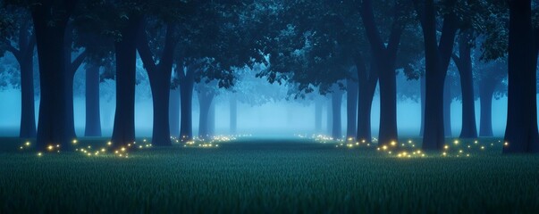 Enchanted forest with fog, fireflies glowing softly, 3D illustration