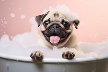 Poster - Pug dog portrait bathtub.