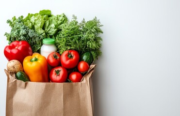 A grocery bag filled with fresh milk and colorful vegetables, presented against a clean white background