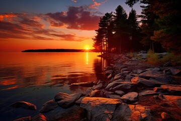 Wall Mural - Lake sunset coast landscape.