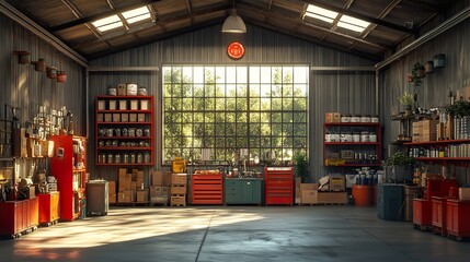 Wall Mural - Industrial Warehouse Interior with Tools and Storage