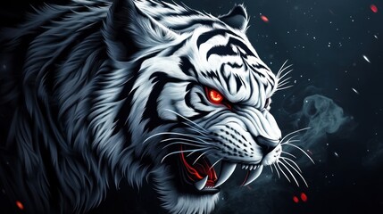 Naklejka na meble Angry white tiger head animal with sharp fangs dangerous red eyes background wallpaper desktop AI generated image