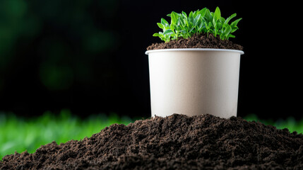 small plant grows in biodegradable pot filled with rich soil, symbolizing sustainability and organic gardening. vibrant green leaves contrast beautifully with dark earth, evoking sense of growth and