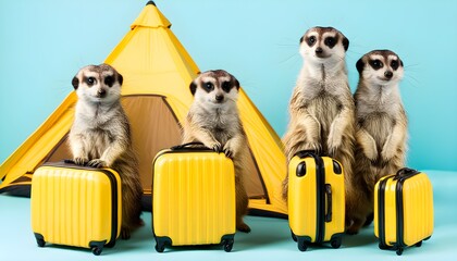 Meerkats enjoying camaraderie in front of a yellow camping tent against a vibrant blue backdrop