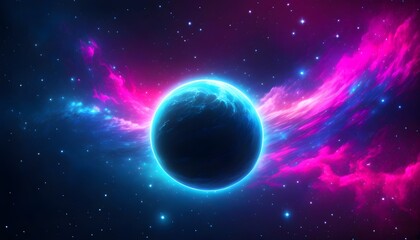 Wall Mural - Mesmerizing neon planet adrift in deep space, enveloped by vibrant hues, twinkling stars, and ethereal cosmic dust, showcasing an otherworldly spectacle.