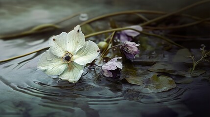 Sticker - White Flower Floating on Water: Nature Photography