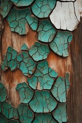 Wall Mural - an abstract background featuring cracked turquoise paint on a wooden surface, showcasing textures wi