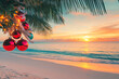 © Maria A - Tropical beach Christmas postcard with decorated palm tree and colorful baubles at sunset, representing New Year holiday celebrations in warm destinations, travel, vacation tours, holiday promotions