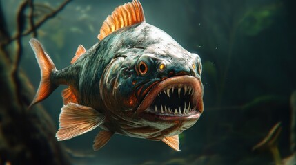 Wall Mural - Piranha fish with open mouth scary sharp teeth predatory carnivore fish background wallpaper AI generated image