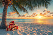 © Maria A - Tropical beach Christmas postcard with decorated palm tree and colorful baubles at sunset, representing New Year holiday celebrations in warm destinations, travel, vacation tours, holiday promotions
