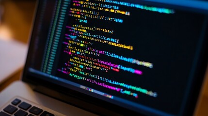 A close-up of colorful computer code displayed on a laptop screen.