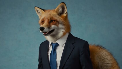 Wall Mural - a red fox in a business suit changes expressions against a blue background.