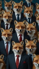 Wall Mural - a red fox in a business suit shows various facial expressions against a blue backdrop.