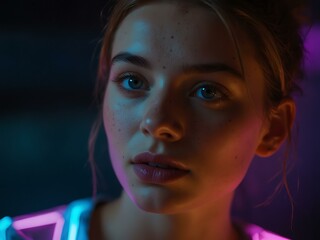 A vibrant close-up portrait illuminated by neon lights.