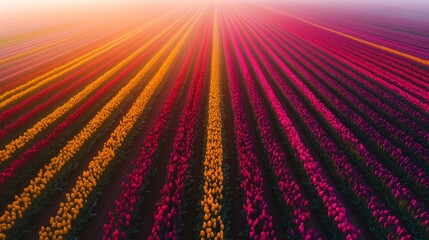 Canvas Print - Colorful tulip fields in full bloom at sunset showcasing vibrant rows of flowers under a beautiful sky