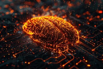 Wall Mural - A orange digital brain floating on an intricate circuit board background, symbolizing artificial intelligence and technology.