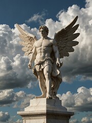 A white marble statue of a man with wings against a cloudy sky.