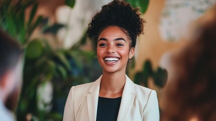 Wall Mural - Joyful Woman in Professional Setting Smiling Brightly