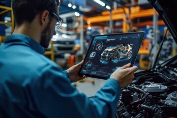 Using an Augmented Reality Diagnostics Software on a tablet computer, a technician inspects the automotive engine bay to find malfunctioning or broken parts and components.