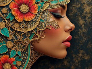 Woman’s profile with ornate gold and floral headdress in a detailed fantasy art style