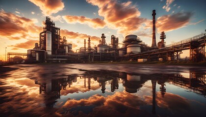 Wall Mural - Sunset industrial landscape featuring an old factory with dramatic tones and textures, showcasing the beauty of decay and innovation through generative AI artistry