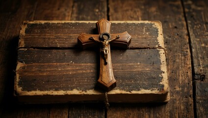 A wooden background with space shows a cross on an aged book.