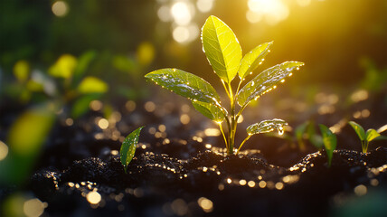 small tree growing with sunshine in garden. eco concept landscape background