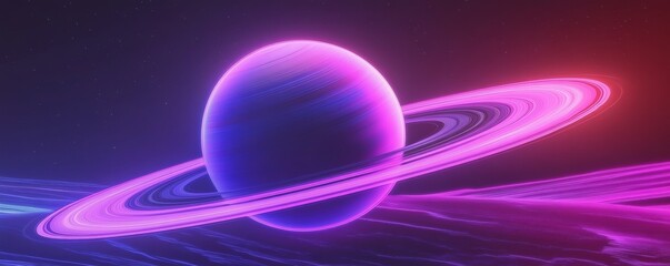 Wall Mural - glowing purple planet surrounded by rings in outer space