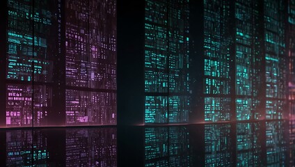 Abstract digital data wall with glowing screens.