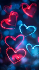 Canvas Print - Neon hearts shining brightly on dark background