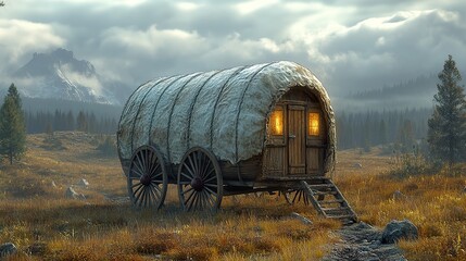 Canvas Print - Rustic Wagon in a Dreamy Mountain Landscape