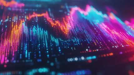 Fototapete - A close-up shot of a digital financial graph on a computer screen, showcasing rising and falling trends with vibrant colors, illustrating market fluctuations and investment opportunities.