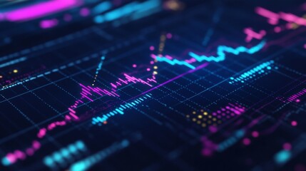 Fototapete - A close-up shot of a digital financial graph on a computer screen, showcasing rising and falling trends with vibrant colors, illustrating market fluctuations and investment opportunities.