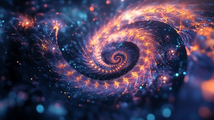 Wall Mural - abstract fractal spiral with glowing orange and blue light.