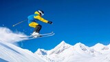 Freestyle skier spinning in mid-air, snow-capped peaks in the distance, winter adrenaline rush